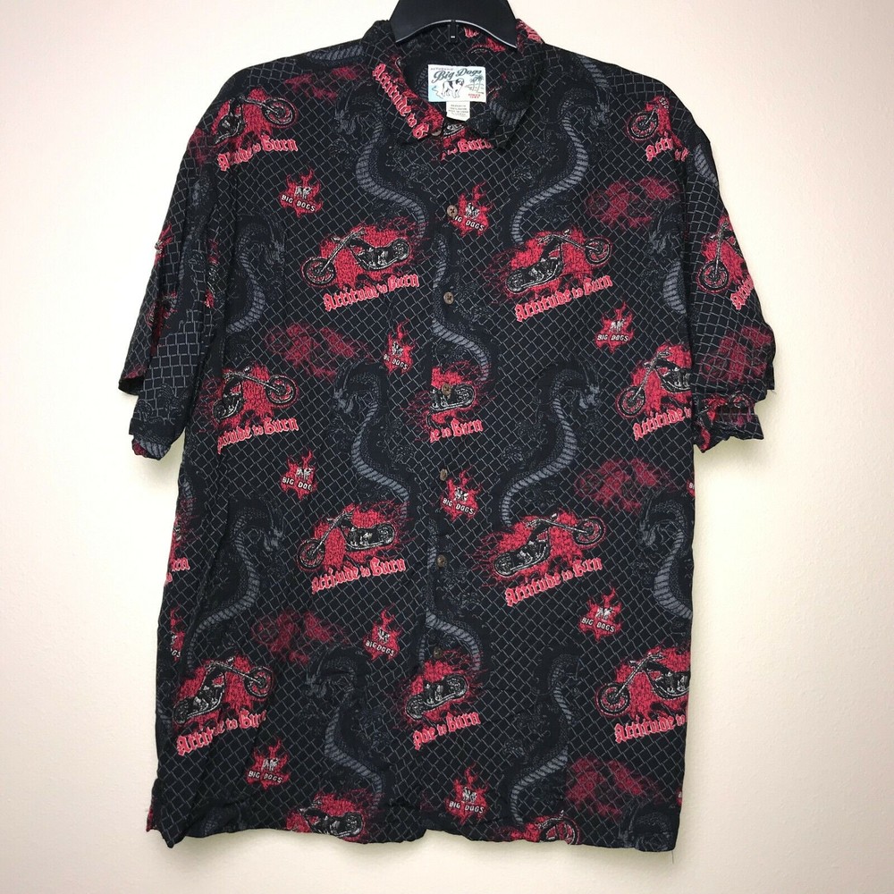 Big Dogs Black Motorcycle Shirt Mens XL Dragon Attitude To Burn All Over Print